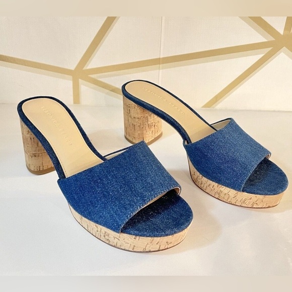 Veronica Beard Women Dali Denim Cork Platform Mules Sandals Heels Sz 10 EUC - Picture 1 of 12